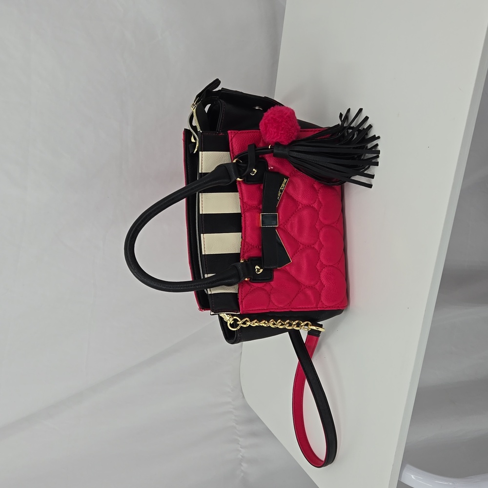 Betsey Johnson Little Hot Pink Quilted Striped Crossbody Embellished Purse